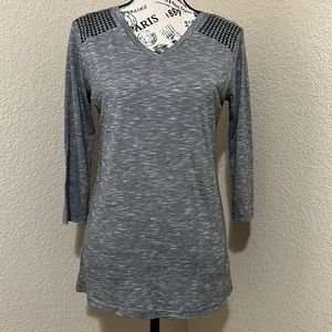 Marc New York 3/4 Sleeve V-Neck Studded Shoulders Gray Top